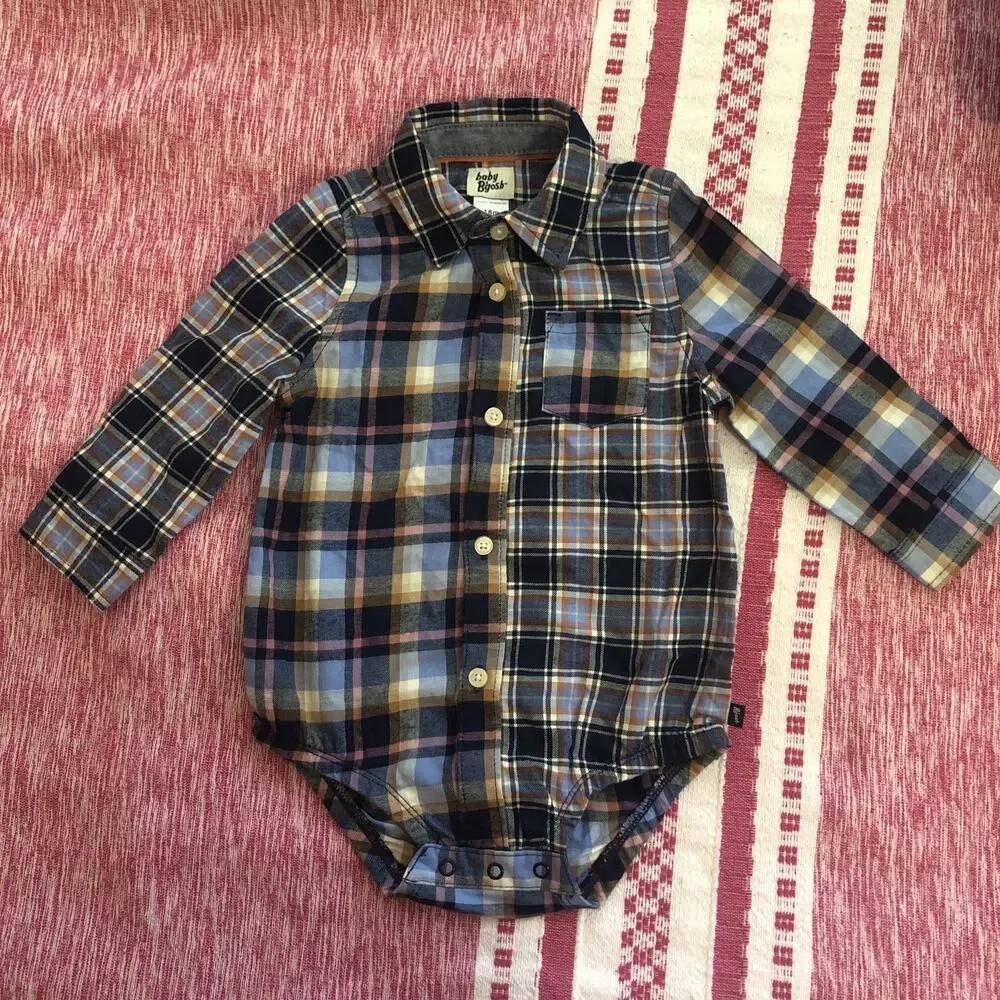 NWOT OshKosh Bgosh Baby Boys Blue Plaid Long Sleeve Button Down Bodysuit 18M